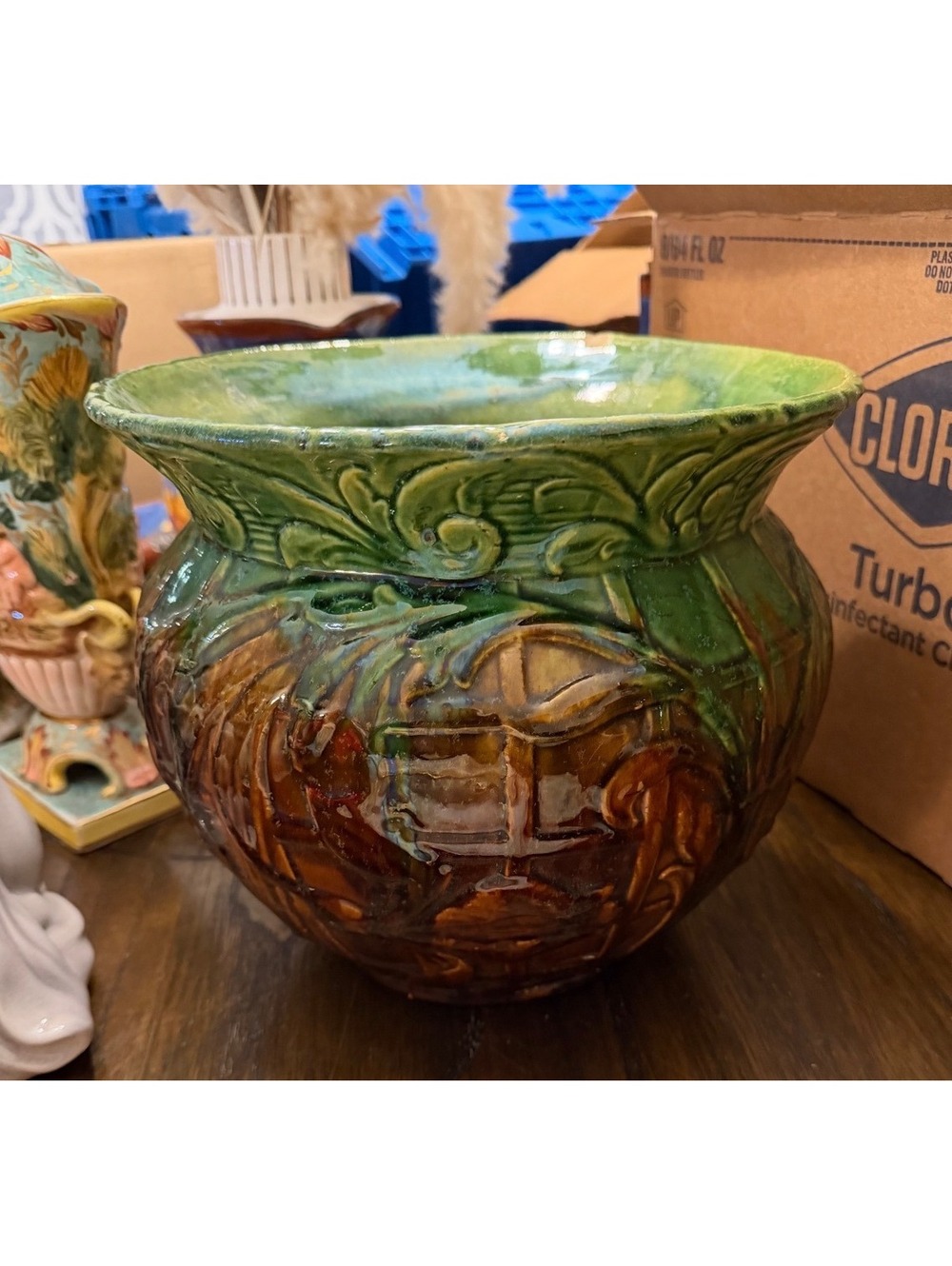 Green brown pottery planter